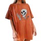 T-shirt manches mi-longues pour femme avec motif de crâne squelette et coeur orange