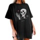 T-shirt manches mi-longues pour femme avec motif de crâne squelette et coeur noir