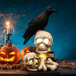 Lampe tête de mort gothique avec 2 crânes et osements avec corbeau