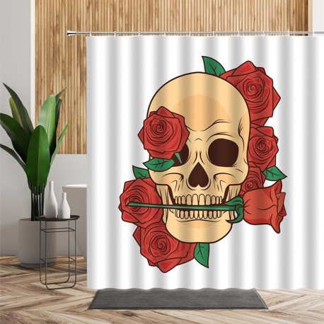 Rideau de douche tête de mort Crâne avec fleurs - modèle 1