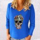 Magnifique T-shirt Tête de mort fleuri à manches longues et col en V pour femme bleu