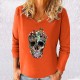 Magnifique T-shirt Tête de mort fleuri à manches longues et col en V pour femme orange