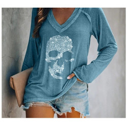 T-shirt Tête de mort à manches longues pour femmes - Crâne en strass bleu turquoise